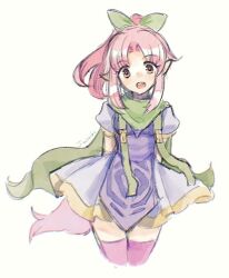 Rule 34 | 1girl, bow, cape, dress, hair bow, long hair, looking at viewer, millie chliette, open mouth, pink eyes, pink hair, pink thighhighs, pointy ears, ponytail, simple background, smile, solo, star ocean, star ocean first departure, tail, thighhighs, trutsmn, white background