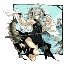 Rule 34 | 1girl, ahoge, arknights, armpits, arms up, bare shoulders, black gloves, black hair, border, breasts, commentary request, crocodilian tail, dress, earrings, flower, flower earrings, foot wraps, full body, gloves, green dress, grey hair, hair over one eye, hair tie, highres, jewelry, jumping, large tail, long hair, multicolored hair, nobita (makoto7060355), oekaki, official alternate costume, outdoors, outside border, palm tree, pointy ears, sky, sleeveless, sleeveless dress, small breasts, solo, staff, stirrup legwear, streaked hair, tail, toeless legwear, tomimi (arknights), torn clothes, torn legwear, towel, tree, two side up, water, white border, white flower