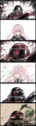 Rule 34 | 6koma, absurdres, animal ears, ansel (arknights), arknights, armor, big bob (arknights), black neckwear, blush, blush stickers, chainsaw, closed mouth, comic, commentary, english commentary, english text, gavial (arknights), gloves, hair between eyes, highres, holding, holding chainsaw, jacket, long hair, multiple views, necktie, parody, pink hair, rabbit boy, rabbit ears, red eyes, riel shirogane, shirt, sound effects, upper body, white gloves, white shirt