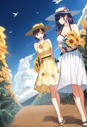 Rule 34 | 2girls, absurdres, arms behind back, bare shoulders, bird, black footwear, black hair, blue sky, breasts, brown hair, cleavage, closed mouth, cloud, day, dress, dutch angle, faldeus, floral print, flower, hair over one eye, halter dress, halterneck, hat, hat flower, highres, holding, holding flower, large breasts, long hair, looking at another, looking back, medium breasts, multiple girls, open mouth, original, outdoors, red eyes, sandals, sash, scar, scar on face, short hair, sky, smile, summer, sun hat, sundress, sunflower, walking, white dress, white headwear, yellow dress, yellow eyes, yellow headwear