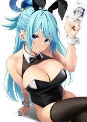 Rule 34 | 1girl, animal ears, aqua (konosuba), arm support, arm up, bare shoulders, black bow, black bowtie, black leotard, black nails, black thighhighs, blue eyes, blue hair, blush, bow, bowtie, breasts, card, character print, cleavage, collarbone, commentary, commentary request, crossed legs, detached collar, earrings, english commentary, eris (konosuba), fake animal ears, hair ornament, highleg, highleg leotard, highres, holding, holding card, izawa (bhive003), jewelry, kono subarashii sekai ni shukufuku wo!, large breasts, leotard, long hair, looking at viewer, mixed-language commentary, nail polish, paid reward available, playboy bunny, playing card, rabbit ears, revision, simple background, single hair ring, sitting, solo, strapless, strapless leotard, thighhighs, thighs, very long hair, white background, white wrist cuffs, wrist cuffs