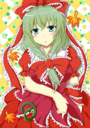 Rule 34 | 1girl, absurdres, arm behind back, arm ribbon, blush, bow, breasts, checkered background, dress, front ponytail, green eyes, green hair, hair bow, hair ribbon, head tilt, highres, kagiyama hina, large breasts, layered dress, leaf, long hair, looking at viewer, maple leaf, matching hair/eyes, middle finger, parted lips, puffy short sleeves, puffy sleeves, ribbon, sayo (mugen kouen-kan), short sleeves, solo, touhou