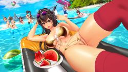 Rule 34 | 6+girls, :d, ahoge, animal ears, armpits, arms up, ass, azur lane, back, ball, beachball, bikini, black hair, black legwear, blue one-piece swimsuit, blue sky, breasts, brown eyes, brown hair, cleavage, cleft of venus, cloud, eyewear on head, food, fruit, headgear, highres, historical name connection, i-168 (kancolle), inflatable raft, kantai collection, kirishima (kancolle), kongou (kancolle), large breasts, long hair, lucknight, lying, multiple girls, mutsu (kancolle), nagato (azur lane), nagato (kancolle), nail polish, name connection, navel, on back, on stomach, one-piece swimsuit, open mouth, outdoors, pink nails, ponytail, popsicle, red legwear, school swimsuit, ship, short hair, single thighhigh, sky, small breasts, smile, sunglasses, surfboard, sweater, swimsuit, teeth, thighhighs, tree, wading, watercraft, watermelon, watermelon slice, wedgie, wet, yamato (kancolle), yellow sweater
