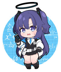 Rule 34 | 1girl, black footwear, black gloves, black jacket, black skirt, blue archive, blue eyes, blue hair, blue necktie, boots, chibi, collared shirt, commentary request, gloves, hair between eyes, halo, hand up, holding, jacket, long hair, long sleeves, math, necktie, no nose, nyaru (nyaru 4126), off shoulder, open clothes, open jacket, parted bangs, pleated skirt, puffy long sleeves, puffy sleeves, shirt, skirt, solo, thick thighs, thighs, two side up, very long hair, white jacket, white shirt, yuuka (blue archive)