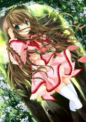Rule 34 | 10s, 1girl, absurdres, boots, braid, brown hair, dress, dutch angle, female focus, flower, green eyes, hand in own hair, highres, kanbe kotori, long hair, mayusaki yuu, nature, outdoors, plant, revision, rewrite, solo, thighhighs, twin braids, very long hair, white thighhighs