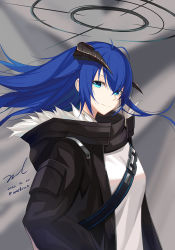 Rule 34 | 1girl, arknights, bad id, bad pixiv id, black jacket, blue eyes, blue hair, breasts, closed mouth, floating hair, halo, hood, hood down, hooded jacket, horns, jacket, long hair, long sleeves, looking at viewer, mostima (arknights), open clothes, open jacket, shirt, sidelocks, signature, small breasts, smile, solo, strap, unel, upper body, white shirt