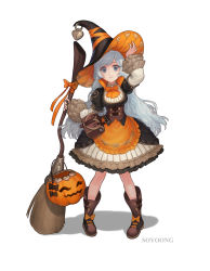 Rule 34 | 1girl, absurdres, adjusting clothes, adjusting headwear, artist name, bag, blue eyes, bow, broom, dress, frilled dress, frilled sleeves, frills, hand up, handbag, hat, heart, highres, jack-o&#039;-lantern, lock, looking at viewer, orange bow, parted lips, solo, soyoong jun, sword, weapon, white hair, witch hat