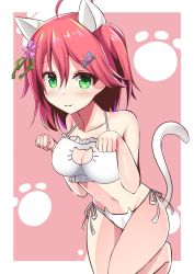 Rule 34 | 1girl, :3, ahoge, alternate costume, animal ears, bare shoulders, blush, border, breasts, cat, cat cutout, cat ear panties, cat ears, cat girl, cat lingerie, cat tail, cherry blossoms, clothing cutout, collarbone, flower, green eyes, hair ornament, hairclip, highres, hololive, looking at viewer, medium breasts, meme attire, navel, panties, paw pose, paw print, paw print background, pink background, pink hair, sakura miko, sakura miko (old design), solo, tail, thighs, underwear, virtual youtuber, zatu