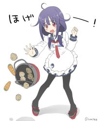 Rule 34 | 1girl, ahoge, animal print, apron, black pantyhose, carrot, fish print, full body, hair flaps, hair ornament, kantai collection, kujira naoto, long hair, low twintails, magatama, neckerchief, one-hour drawing challenge, onion, pantyhose, potato, purple hair, red eyes, sandals, school uniform, serafuku, simple background, solo, spill, taigei (kancolle), twintails, whale hair ornament, whale print, white background