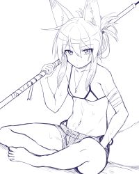 Rule 34 | 1girl, bandaged arm, bandages, barefoot, bikini, bikini top only, breasts, closed mouth, collarbone, commentary request, folded ponytail, greyscale, hair between eyes, holding, holding polearm, holding spear, holding weapon, long hair, looking at viewer, monochrome, navel, original, polearm, shorts, sidelocks, sitting, sketch, small breasts, solo, spear, swimsuit, tamakagura inari, weapon, yagi (ningen)