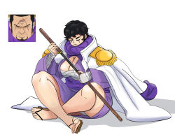 Rule 34 | 1girl, absurdres, bandages, blind, breasts, cleavage cutout, clog sandals, clothing cutout, comparison, female focus, genderswap, genderswap (mtf), gloves, highres, issho (fujitora), jacket, jacket on shoulders, japanese clothes, katana, kimono, large breasts, one piece, panties, purple kimono, sarashi, scar, scar across eye, scar on face, sitting, solo, sword, thick thighs, thighs, underwear, weapon, yukata