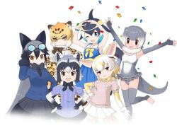 Rule 34 | 6+girls, animal ears, black eyes, black hair, blonde hair, blue eyes, bow, bowtie, closed mouth, common dolphin (kemono friends), common raccoon (kemono friends), extra ears, fennec (kemono friends), glasses, grey hair, jaguar (kemono friends), kemono friends, kemono friends 3, long hair, looking at viewer, multiple girls, official art, one eye closed, open mouth, short hair, silver fox (kemono friends), small-clawed otter (kemono friends), smile, tachi-e, tail, transparent background, yellow eyes, yoshizaki mine (style)