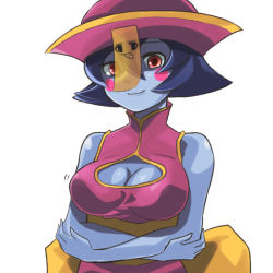 Rule 34 | 1girl, bare shoulders, blue hair, blue skin, breasts, capcom, chinese clothes, cleavage, cleavage cutout, clothing cutout, colored skin, crossed arms, facial mark, flipped hair, hat, jiangshi, large breasts, lei lei, lin-lin, looking at viewer, motion lines, pink hair, qingdai guanmao, red eyes, short hair, simple background, smile, solo, tarayama, vampire (game), white background, yukkuri shiteitte ne, zombie