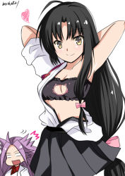 Rule 34 | 10s, 2girls, ahoge, arms behind head, arms up, bandeau, black bra, black hair, black skirt, blank eyes, blouse, bra, breasts, brown eyes, cat cutout, cat lingerie, cleavage cutout, clothing cutout, hair ribbon, heart, hinase (jet hearts), japanese clothes, jun&#039;you (kancolle), kantai collection, long hair, looking at viewer, low-tied long hair, magatama, meme attire, multiple girls, navel, open mouth, pink ribbon, pleated skirt, purple hair, rectangular mouth, ribbon, shirt, shouhou (kancolle), simple background, skirt, small breasts, smile, spiked hair, twitter username, underwear, white background