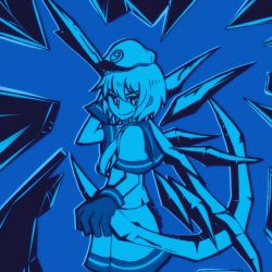 Rule 34 | 1girl, anchor, blue theme, cirno, cosplay, female focus, gloves, hat, ice, ice wings, monochrome, murasa minamitsu, murasa minamitsu (cosplay), neckerchief, sailor, sailor collar, sailor hat, short hair, smile, solo, touhou, wings, xkaishaku