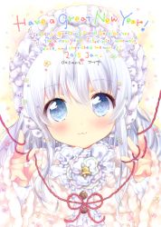 Rule 34 | 10s, 1girl, 2015, :3, bell, blue eyes, blush, ech, frills, hairband, happy new year, looking at viewer, new year, original, solo, string, string of fate, upper body, white hair