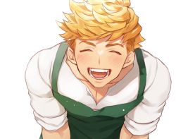 Rule 34 | 1boy, apron, bara, blonde hair, blouse, blush, closed eyes, granblue fantasy, green apron, large pectorals, male focus, muscular, muscular male, open mouth, pectoral cleavage, pectorals, satoimo sanda, shirt, short hair, simple background, sleeves rolled up, smile, solo, teeth, undercut, upper body, vane (granblue fantasy), white background, white shirt