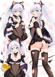 Rule 34 | 1girl, absurdres, animal ears, aqua eyes, ass, azur lane, basket, bat wings, black leotard, black panties, black skirt, black thighhighs, blue eyes, candy, cat ears, covered navel, covering ass, covering privates, demon tail, fake animal ears, fangs, food, halloween costume, highres, holding, holding basket, janus (azur lane), janus (fright-night scaredy-cat) (azur lane), leotard, long hair, looking at viewer, multiple views, official alternate costume, open mouth, paashe, panties, see-through, see-through leotard, skirt, smile, solo, sweatdrop, tail, thighhighs, torn clothes, torn thighhighs, twintails, underwear, very long hair, white hair, wings