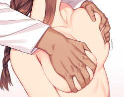 Rule 34 | 1boy, 1girl, blew andwhite, blush, braid, breast focus, grabbing another&#039;s breast, breast lift, breasts, brown hair, closed eyes, closed mouth, commentary request, dark-skinned male, dark skin, deep skin, from side, grabbing, grabbing from behind, gradient background, hetero, highres, kantai collection, large breasts, long hair, navel, noshiro (kancolle), off shoulder, pink background, sidelocks, simple background, solo focus, sweat, wavy mouth