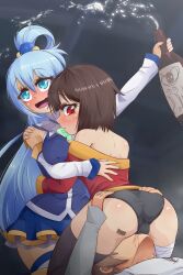 Rule 34 | 1girl, 2girls, aqua (konosuba), arm up, artist logo, ass, back, barcode, barcode tattoo, bare shoulders, black panties, black thighhighs, blue eyes, blue hair, blue shirt, blue skirt, blush, boots, bottle, breasts, brown hair, clothes lift, clothes pull, clueless, covered erect nipples, cowboy shot, cunnilingus, cunnilingus through clothes, detached sleeves, dress, dress lift, dress pull, drunk, el chasconsito, embarrassed, from behind, from side, grabbing another&#039;s ass, hand on another&#039;s shoulder, hetero, highres, holding, holding bottle, hug, indoors, kono subarashii sekai ni shukufuku wo!, large breasts, light blue hair, long hair, looking at another, looking back, looking down, megumin, multiple girls, off-shoulder dress, off shoulder, open mouth, oral, panties, parted lips, petite, red dress, red eyes, red hair, saliva, satou kazuma, shirt, short hair, sitting, sitting on face, sitting on person, skirt, sleeveless, sleeveless shirt, tattoo, thigh boots, thighhighs, two-tone shirt, underwear, white shirt, white sleeves