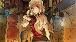 Rule 34 | 1girl, 428, back, backless outfit, bare back, bare shoulders, blonde hair, canaan (character), canaan (series), china dress, chinese clothes, chunsoft, crowd, dress, finger gun, from behind, halterneck, looking at viewer, looking back, mas (5734ghji), pointing, pointing at viewer, red eyes, road, short hair, sketch, solo focus, street