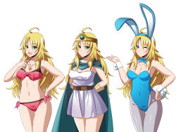 Rule 34 | 1girl, ahoge, alternate costume, animal ears, antenna hair, arms behind back, bare shoulders, blonde hair, blush, bow, bowtie, breasts, cape, character request, circlet, cleavage, collar, collarbone, cosplay, detached collar, dragon quest, dragon quest iii, fake animal ears, fake tail, gloves, green eyes, hand on own hip, highres, hoshii miki, ichimedoo, idolmaster, idolmaster (classic), jester (dq3), jester (dq3) (cosplay), jewelry, leotard, long hair, looking at viewer, navel, one eye closed, open mouth, pantyhose, playboy bunny, rabbit ears, rabbit tail, sage (dq3), sage (dq3) (cosplay), simple background, smile, tail, teeth, white background, wrist cuffs