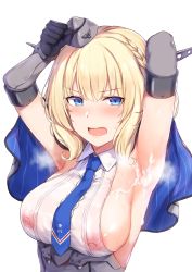 Rule 34 | 1girl, armpit focus, armpits, arms up, blonde hair, blue eyes, blush, bob cut, braid, breasts, cai geng, capelet, colorado (kancolle), commentary request, covered erect nipples, cum, cum on armpits, cum on body, cum on upper body, elbow gloves, french braid, gloves, hat, kantai collection, large breasts, mini hat, necktie, nipples, open mouth, see-through, shirt, short hair, side braid, sideboob, simple background, sleeveless, sleeveless shirt, solo, sweat, underbust, upper body, white background