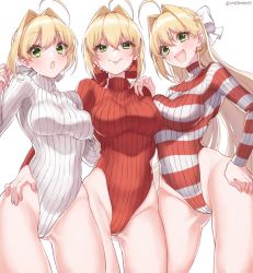 Rule 34 | 3girls, ahoge, artist name, blonde hair, blush, bow, braid, breasts, commentary request, fate/grand order, fate (series), fingernails, french braid, gluteal fold, green eyes, hair bow, hair intakes, hand on own hip, hand on shoulder, heattech leotard, highleg, highleg leotard, highres, leotard, long hair, long sleeves, looking at viewer, medium breasts, multiple girls, nero claudius (bride) (fate), nero claudius (fate), nero claudius (fate) (all), nero claudius (fate/extra), nero claudius (swimsuit caster) (fate), nero claudius (swimsuit caster) (third ascension) (fate), open mouth, red bow, red leotard, ribbed leotard, signature, simple background, smile, striped clothes, striped leotard, thighs, tongue, tongue out, turtleneck, v-shaped eyebrows, white background, white bow, white leotard, yayoi maka