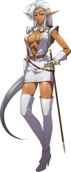 Rule 34 | 1girl, boots, breasts, circlet, cleavage, company name, dark-skinned female, dark elf, dark skin, elbow gloves, elf, fantasy, full body, gloves, hand on own hip, high heel boots, high heels, highres, langrisser, langrisser mobile, long hair, looking at viewer, medium breasts, official art, pirotess, pointy ears, purple eyes, purple hair, record of lodoss war, solo, standing, thigh boots, thighhighs, transparent background, very long hair, watermark, white background, white footwear, white gloves