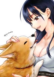 Rule 34 | 1girl, black hair, boku no kokoro no yabai yatsu, breasts, brown eyes, cleavage, commentary request, dog, highres, large breasts, long hair, mole, mole on neck, multiple moles, open mouth, shijuuichi, simple background, solo, sports bra, white background, white sports bra, yamada anna