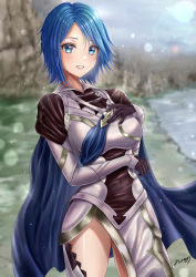 Rule 34 | 1girl, :d, absurdres, alternate costume, aqua (kingdom hearts), arm guards, armor, black gloves, blue cape, blue eyes, blue hair, blush, breasts, cape, corrin (female) (fire emblem), corrin (female) (fire emblem) (cosplay), corrin (fire emblem), cosplay, covered navel, cow, day, fire emblem, fire emblem fates, gloves, grin, hand on own chest, highres, kingdom hearts, large breasts, lens flare, nintendo, nori chazuke, open mouth, outdoors, parted lips, pelvic curtain, short hair, sign, smile, solo