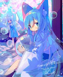 Rule 34 | 2girls, absurdres, animal ear fluff, animal ears, arm behind back, arms behind back, artist name, barefoot, blue eyes, blue hair, blue hakama, blue skirt, blurry, blurry background, blush, breasts, bright pupils, bubble, bush, chromatic aberration, commentary request, commission, commissioner name, day, english text, green eyes, hair between eyes, hakama, hakama skirt, highres, holding bubble, japanese clothes, long hair, long sleeves, looking at viewer, looking to the side, medium breasts, miko, multiple girls, original, outdoors, parted lips, pavement, pleated skirt, second-party source, short hair with long locks, signature, sitting, skeb commission, skirt, soap bubbles, standing, tail, thank you, translucent hair, uenomigi, veranda, very long hair, white background, white pupils, wide sleeves