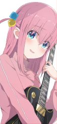 Rule 34 | 1girl, absurdres, blue eyes, blush, bocchi the rock!, camui1104, commentary, crossed bangs, cube hair ornament, electric guitar, gotoh hitori, guitar, hair between eyes, hair ornament, hair over eyes, highres, holding, holding instrument, instrument, jacket, jersey, long hair, long sleeves, looking at viewer, one side up, open mouth, pink hair, pink jacket, simple background, solo, track jacket, upper body, white background