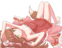 1girl animal_ears apron blush breasts collarbone fox_ears fox_girl fox_tail frilled_hairband frills full_body green_eyes hairband kappougi light_brown_hair long_hair looking_at_viewer maho_(princess_connect!) maho_(summer)_(princess_connect!) medium_breasts neptunefrontier princess_connect! sidelocks smile solo tail unworn_clothes very_long_hair