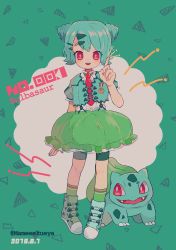 Rule 34 | 1girl, absurdres, bubble skirt, bulbasaur, character name, cone hair bun, creature and personification, creatures (company), dated, double bun, eyes visible through hair, frilled skirt, frills, full body, game freak, gen 1 pokemon, green legwear, green skirt, hair bun, hair ornament, hairclip, hand up, highres, index finger raised, looking at viewer, narumame, necktie, nintendo, open mouth, personification, pokedex number, pokemon, pokemon (creature), red eyes, red necktie, shoes, short sleeves, skirt, smile, socks, standing, twitter username