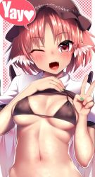 Rule 34 | 1girl, ;d, animal ears, ayagi daifuku, bikini, bikini top only, black bikini, breasts, clothes lift, covered erect nipples, fang, green nails, hand on own chest, hat, heart, heart-shaped pupils, lifted by self, looking at viewer, medium breasts, mystia lorelei, nail polish, navel, one eye closed, open mouth, pink hair, puffy short sleeves, puffy sleeves, shirt lift, short hair, short sleeves, smile, solo, spoken heart, swimsuit, symbol-shaped pupils, touhou, upper body, v, v-shaped eyebrows
