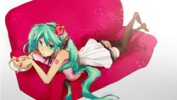 Rule 34 | 1girl, aqua eyes, aqua hair, bad id, bad pixiv id, cake, couch, crown, female focus, food, fruit, full body, gradient background, gyoniku sausage, hair ribbon, hatsune miku, long hair, lying, musical note, nako13, on stomach, pastry, pillow, red upholstery, ribbon, shorts, skirt, solo, spoon, strawberry, thighhighs, twintails, very long hair, vocaloid, world is mine (vocaloid), zettai ryouiki