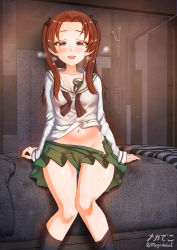 Rule 34 | 1girl, 3d background, bed, blush, bow, breasts, brown eyes, brown hair, cleavage, collarbone, girls und panzer, green skirt, groin, hair bow, hair ornament, highres, indoors, kadotani anzu, long hair, looking at viewer, megadeko, miniskirt, navel, no panties, on bed, ooarai school uniform, open mouth, pleated skirt, school uniform, shower (place), sitting, skirt, small breasts, smile, solo, twintails