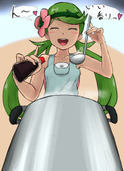 Rule 34 | 1girl, armpit peek, bare arms, bare shoulders, black background, blue background, blush, brown background, closed eyes, collarbone, cooking, creatures (company), flower, from below, game freak, green hair, green hairband, hair flower, hair ornament, hairband, hands up, happy, heart, highres, holding, holding ladle, iegami, ladle, long hair, low twintails, mallow (pokemon), nintendo, open mouth, overalls, pink shirt, pokemon, pokemon sm, pot, shirt, sleeveless, solo, speech bubble, steam, swept bangs, teeth, thick eyebrows, tongue, translation request, trial captain, twintails, upper teeth only