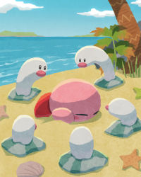 Rule 34 | big nose, blue sky, cloud, creatures (company), day, game freak, highres, kirby, kirby (series), kirby and the forgotten land, lying, miclot, nintendo, no humans, ocean, on stomach, outdoors, palm tree, plant, pokemon, pokemon (creature), red nose, sand, sky, starfish, tree, water, wiglett