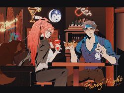 Rule 34 | 1boy, 1girl, alcohol, baiken, belt, black jacket, black pants, blue headband, blue shirt, blue vest, bottle, breasts, brown hair, brown pants, can, cat, commentary request, drinking straw, eyepatch, facial tattoo, food, french fries, guilty gear, headband, highres, holding, holding can, ice cream, jacket, jacket on shoulders, large breasts, looking to the side, mito anji, nathanielawierd, neon lights, one-eyed, pants, pectorals, pink eyes, pink hair, round eyewear, shirt, shirt tucked in, sign, sitting, stool, sundae, tattoo, teeth, vest, white shirt