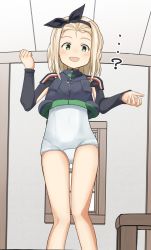 Rule 34 | ...?, 1girl, ?, black hairband, blonde hair, blush, brushing hair, brushing hair, green eyes, hairband, highres, i-504 (kancolle), indoors, kantai collection, long sleeves, luigi torelli (kancolle), medium hair, one-piece swimsuit, open mouth, solo, swimsuit, uit-25 (kancolle), white one-piece swimsuit, window, yotubawatane