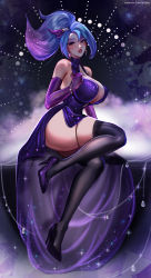 Rule 34 | 1girl, akali, alternate costume, artist name, bare shoulders, black thighhighs, bow, bracelet, breasts, chain, cleavage, dress, elbow gloves, gloves, hair bow, high heels, highres, jewelry, large breasts, league of legends, long hair, looking at viewer, merellyne, pink bow, ponytail, purple dress, purple footwear, purple gloves, red lips, shoes, skindentation, solo, star guardian akali, thighhighs