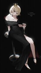 Rule 34 | 1girl, alcohol, bar stool, bare shoulders, black background, black choker, black dress, black footwear, black nails, blonde hair, breasts, choker, chromatic aberration, cleavage, closed mouth, collarbone, commentary request, commission, crown, cup, dress, drink, drinking glass, fingernails, full body, head tilt, highres, holding, holding drink, jpeg artifacts, long dress, looking at viewer, medium breasts, nail polish, off-shoulder dress, off shoulder, on stool, original, pendant choker, pink eyes, pouring, pouring onto self, shoes, short hair, side slit, simple background, sitting, skeb commission, smile, solo, stool, thank you, turning head, youichi (45 01)