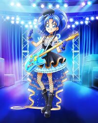 Rule 34 | 1girl, artist request, black choker, blue eyes, blue gloves, blue hair, blue theme, boots, choker, commentary, earrings, english commentary, eyelashes, fishnet pantyhose, fishnets, gloves, guitar, happy, hat, highres, instrument, jewelry, kirakira precure a la mode, long hair, looking at viewer, official art, pantyhose, ponytail, precure, precure connection puzzlun, skirt, smile, solo, standing, tategami aoi, third-party source