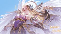Rule 34 | 1girl, absurdres, angel wings, armor, armored dress, bare shoulders, blonde hair, blue eyes, blue sky, closed mouth, detached sleeves, douluo dalu, earrings, floating hair, hair ornament, hekouziran, highres, jewelry, long hair, outstretched arms, qian renxue (douluo dalu), second-party source, sky, smile, solo, sparkle, spread arms, upper body, wings