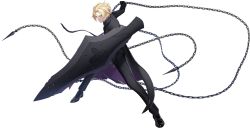 Rule 34 | 1boy, absurdres, black pants, black suit, blonde hair, blue eyes, chain, coat, counter:side, fighting stance, formal, full body, highres, holding, holding chain, holding shield, looking at viewer, male focus, official alternate costume, official alternate hairstyle, official art, pants, roy burnett, shield, short hair, simple background, suit, tachi-e, transparent background, trench coat