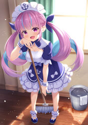 Rule 34 | 1girl, 7fuji 06, absurdres, blue hair, blush, bow, bowtie, braid, breasts, bucket, cleavage, curly hair, curtains, dress, frilled footwear, frilled skirt, frills, full body, hair bow, highres, holding, holding mop, hololive, indoors, large breasts, leaning on object, light particles, looking at viewer, maid, maid headdress, minato aqua, minato aqua (1st costume), mop, multicolored hair, open mouth, pink hair, purple eyes, short sleeves, skirt, smile, solo, twintails, two-tone hair, virtual youtuber, water, window, wooden floor, wrist cuffs