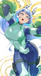 Rule 34 | 1girl, absurdres, blue bodysuit, blue eyes, blue hair, bodysuit, boku no hero academia, breasts, bright pupils, drill hair, fengling (furin-jp), gloves, green bodysuit, hadou nejire, highres, large breasts, long hair, looking at viewer, multicolored bodysuit, multicolored clothes, open mouth, simple background, skin tight, solo, superhero costume, thick thighs, thighs, very long hair, white background, white pupils, wide hips