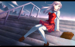Rule 34 | 1girl, bag, cloud, female focus, hair ornament, hairclip, loafers, original, outdoors, pink eyes, pink hair, ryoumoto ken, school uniform, shoes, sitting, sitting on stairs, skirt, sky, solo, stairs, thighhighs, white thighhighs, wind, zettai ryouiki
